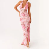 BXOXO Womens Floral Slip Dress Sexy Spaghetti Strap Backless Maxi Dress Slim Fit Long Dress Flowers Print Bodycon Dress